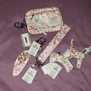 PINK Victoria's Secret Pink Floral Wristlet, Strap & Plush Dog Keychain Set